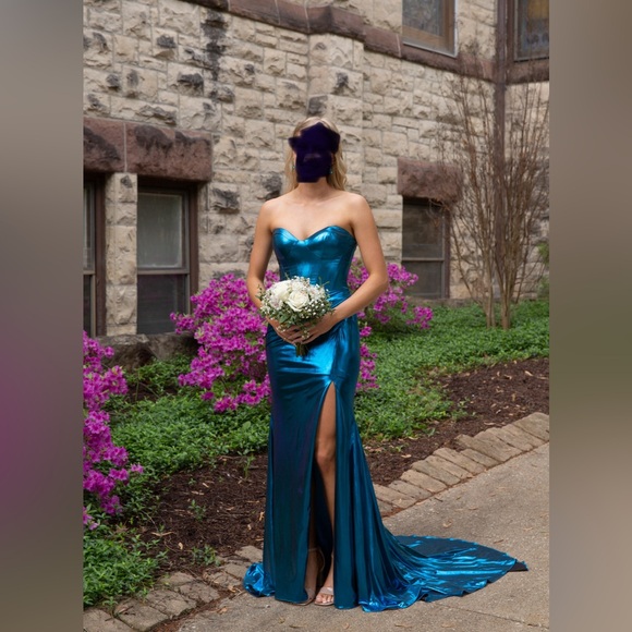 Sherri Hill Metallic Blue Dress